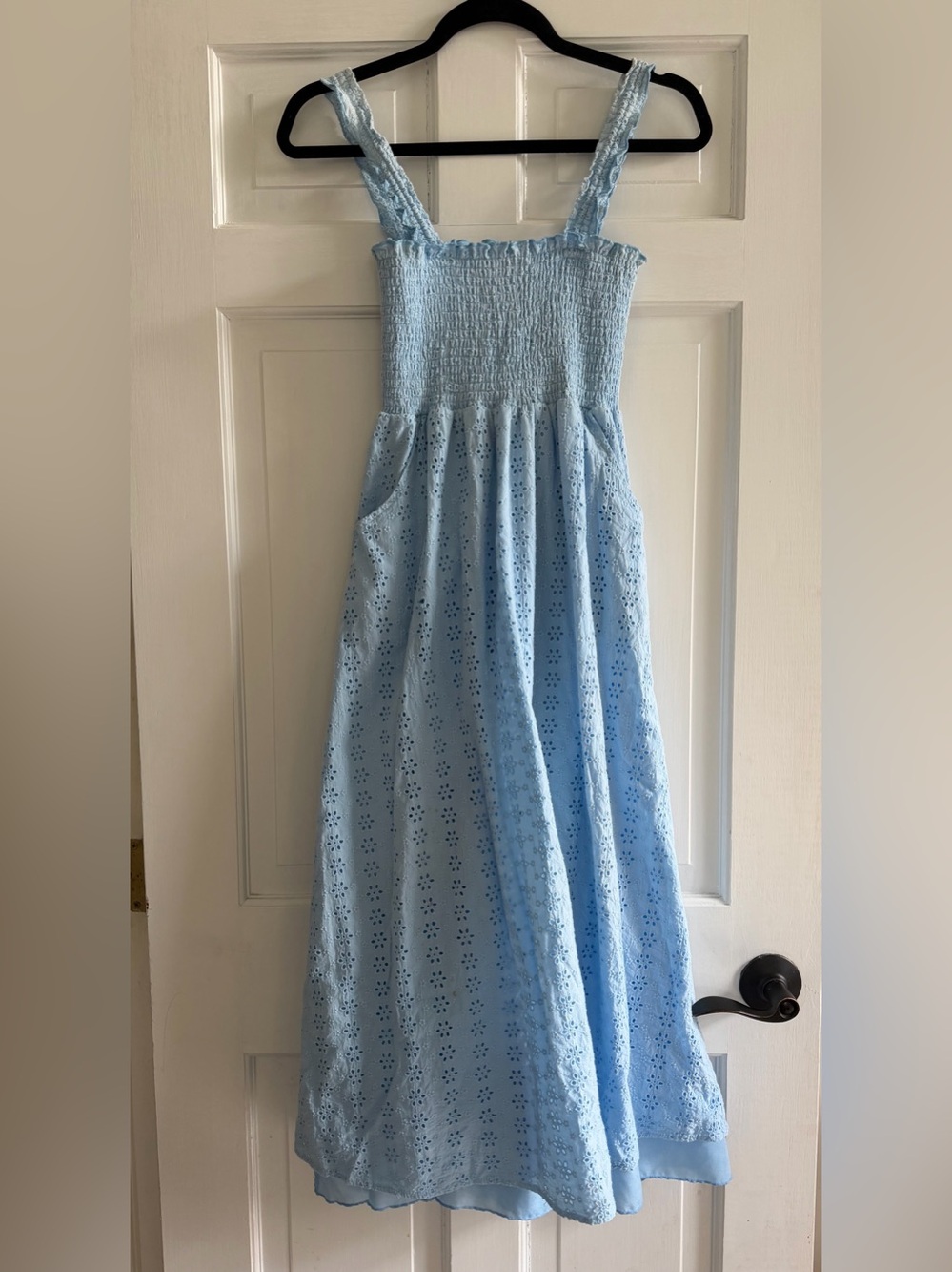 AQUA Light Blue Eyelet Smocked Sundress with Pockets